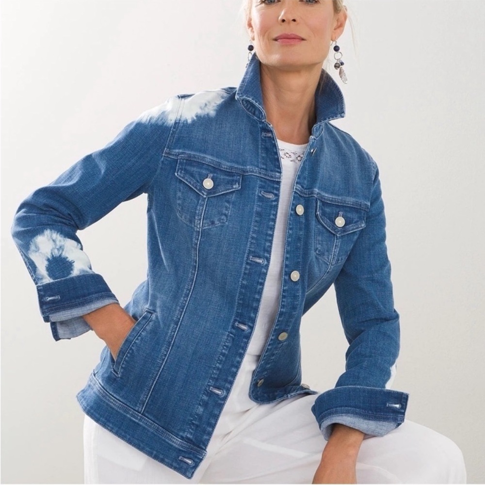 NWT Chico’s Tie Dye Blue and White Timeless Trucker Denim Jacket Pockets 0/Small